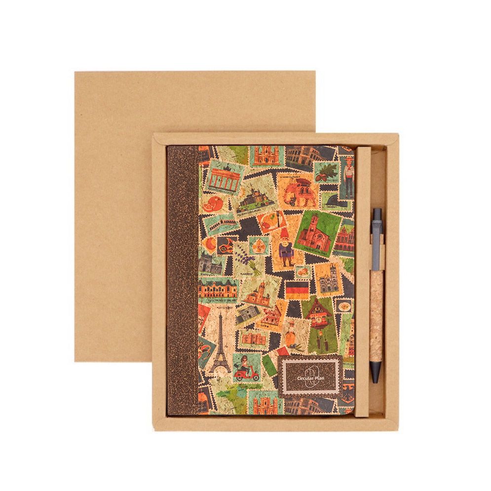 Journal notebook with pen stamp print cover esthethic design ideal for personal use travel gifts friends colleagues office party celebrations offer sale