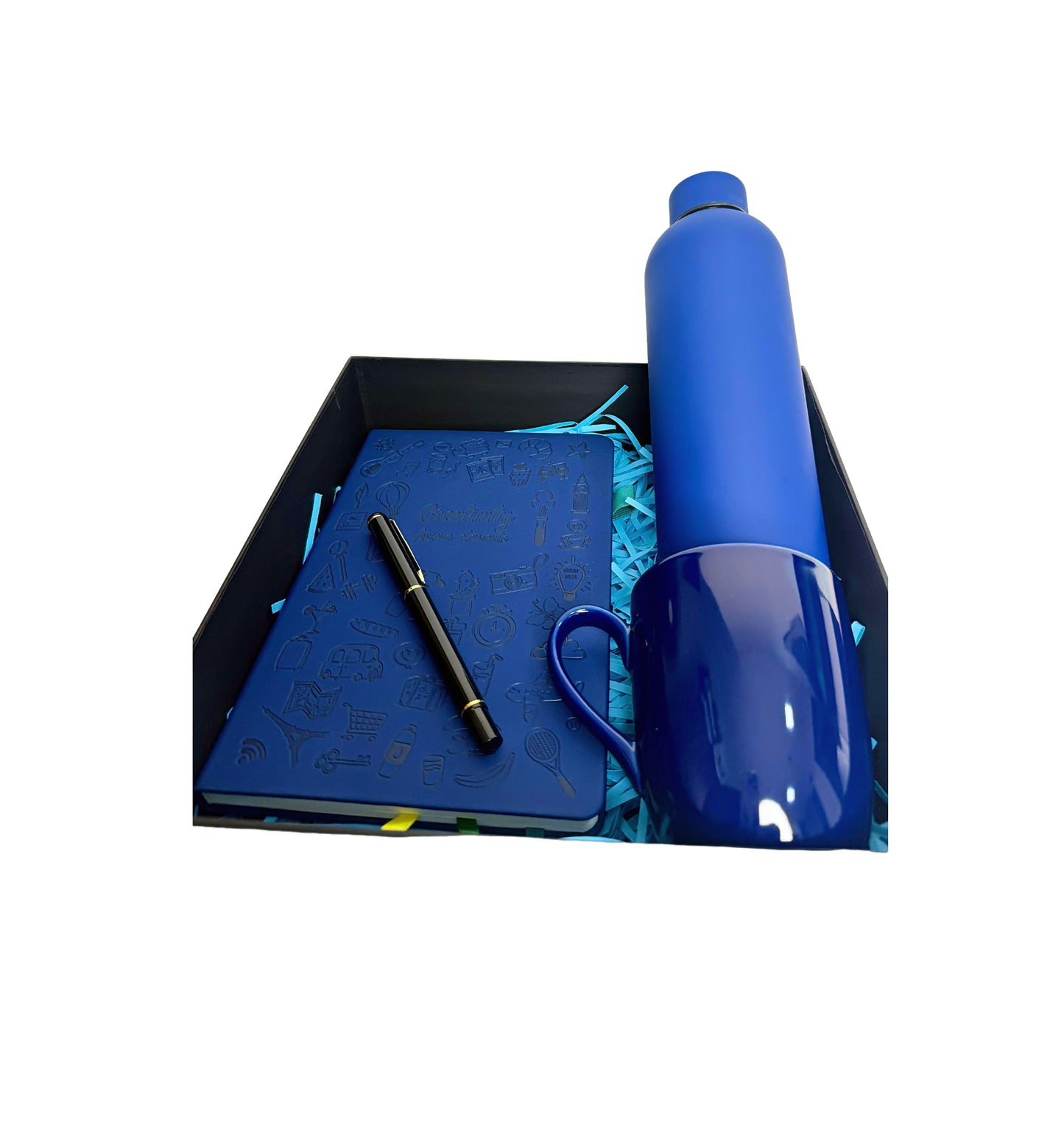 Blue themed giftset includes premium mug, notebook with pen and water bottle with a curated box idea for office, birthdays , anniversary and any other special occasion offer sale