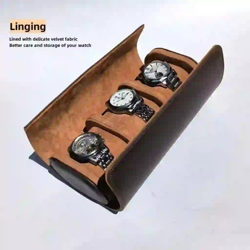 3 Slots Watch Roll Travel Case Chic Portable Vintage Leather Display Watch Storage Box with Slid in Out Watch Organizers travel friendly