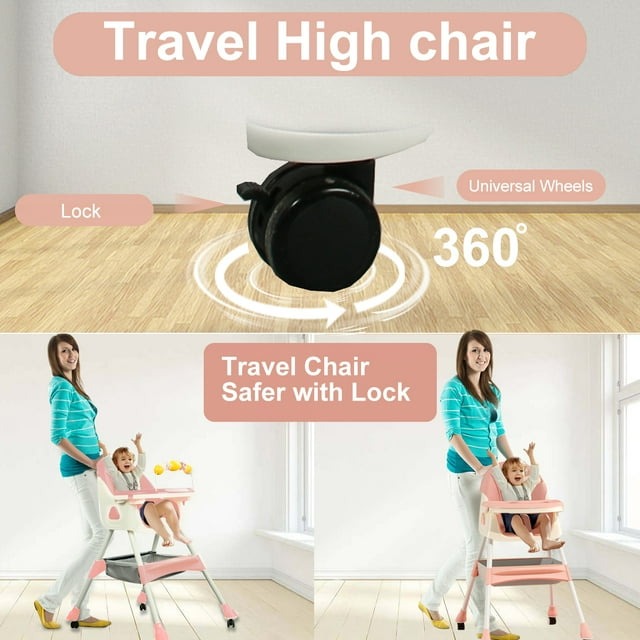 Kids Feeding adjustable and foldable Pink High Chair With Toys And Full Set Ideal For Toddlers Above 6 Month Old Sale Offer