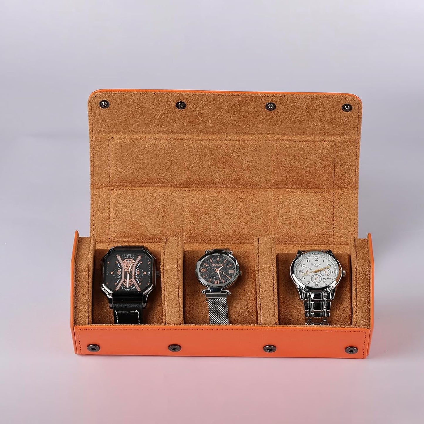 Hexagonal Watch Roll 3 Slot Organiser Storage Leather Velvet Interior Orange Offer