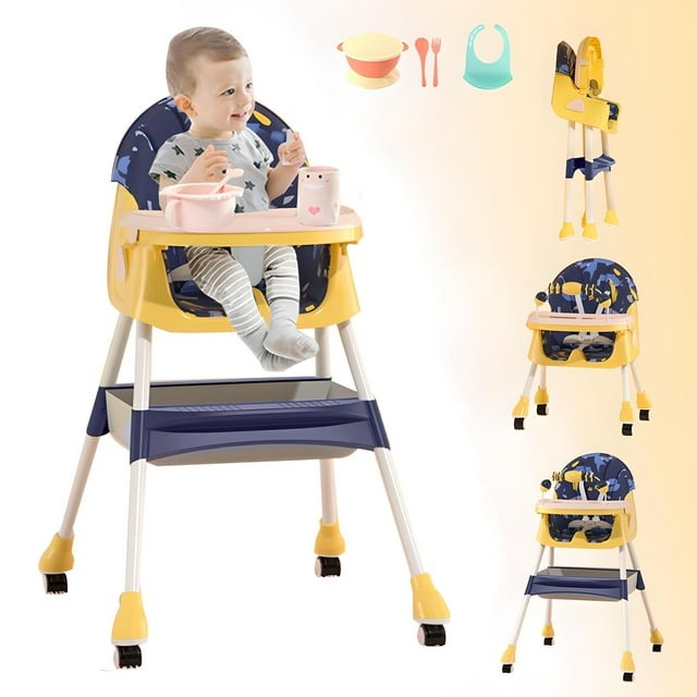 Kids Feeding foldable and adjustable Blue High Chair With Toys And Full Set Ideal For Toddlers Above 6 Month Old Sale Offer