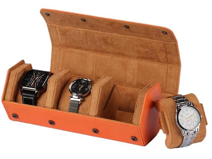 Hexagonal Watch Roll 3 Slot Organiser Storage Leather Velvet Interior Orange Offer