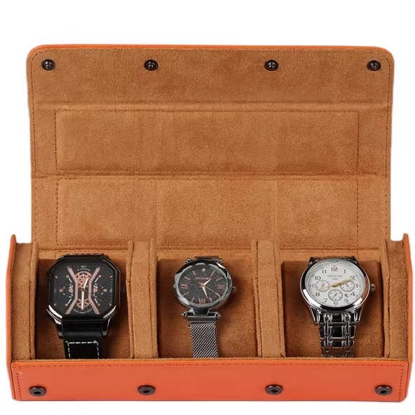 Hexagonal Watch Roll 3 Slot Organiser Storage Leather Velvet Interior Orange Offer