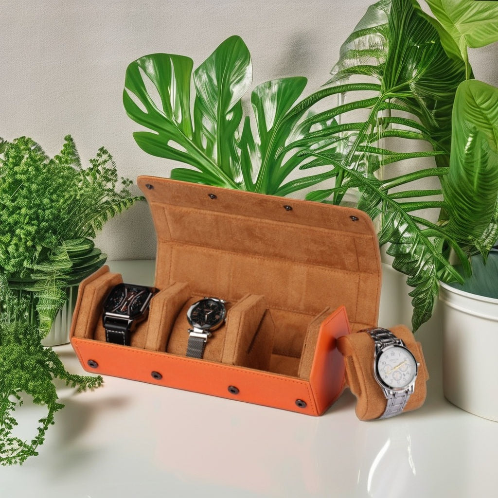 Hexagonal Watch Roll 3 Slot Organiser Storage Leather Velvet Interior Orange Offer