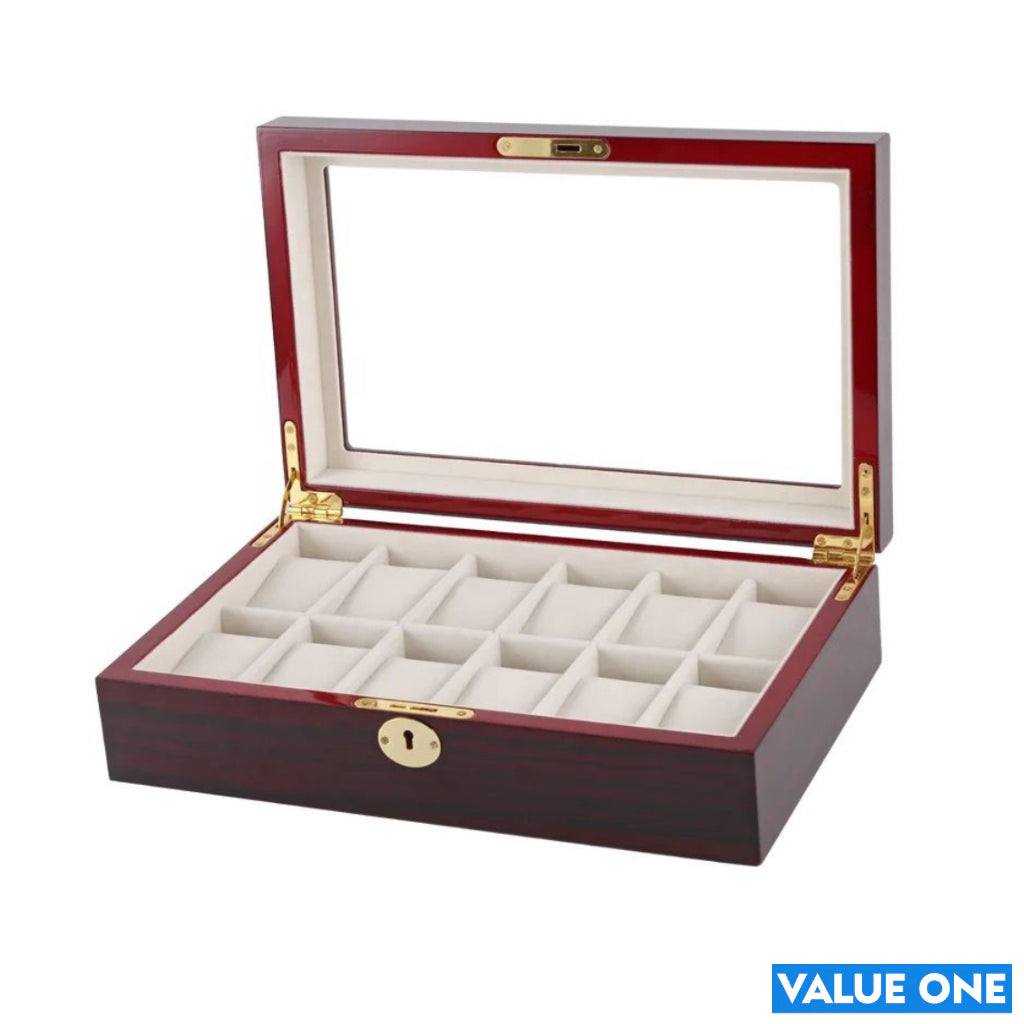 12 Slots Wooden Ebony Box Case Glass Display Top Jewelry Collection Storage Box Organizer Luxury