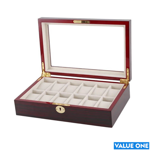 12 Slots Wooden Ebony Box Case Glass Display Top Jewelry Collection Storage Box Organizer Luxury