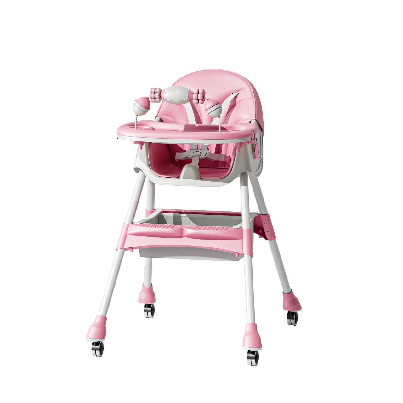 Kids Feeding adjustable and foldable Pink High Chair With Toys And Full Set Ideal For Toddlers Above 6 Month Old Sale Offer