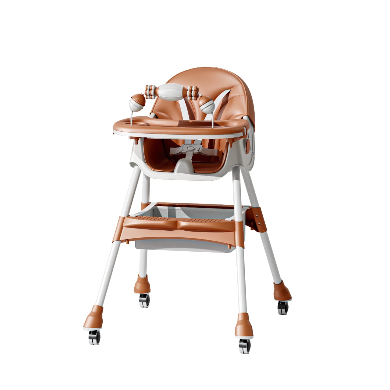 Kids Feeding adjustable and foldable Brown High Chair With Toys And Full Set Ideal For Toddlers Above 6 Month Old Sale Offer