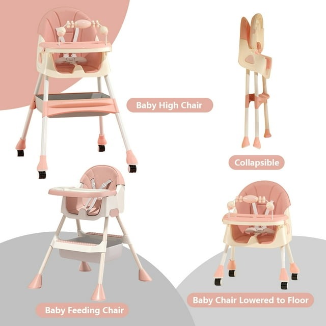 Kids Feeding adjustable and foldable Pink High Chair With Toys And Full Set Ideal For Toddlers Above 6 Month Old Sale Offer