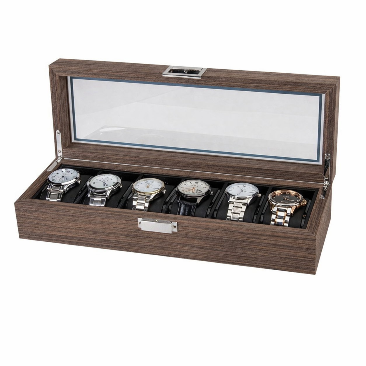 6 Slot Walnut watch collection storage organiser with black interior gift sale offer