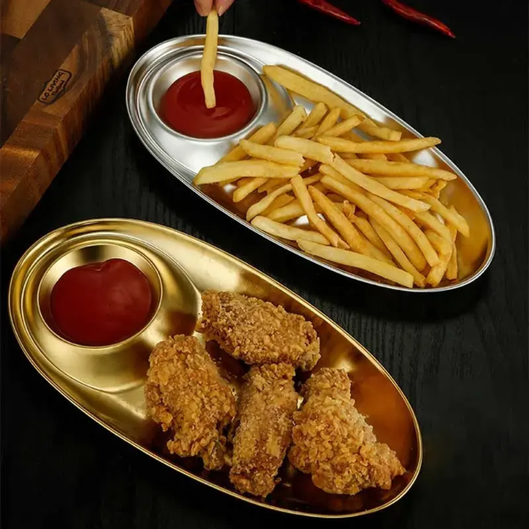 2 Grids stainless steel dinner gold traylunch container snack plate appetizer serving french fries platter kitchen gadgets