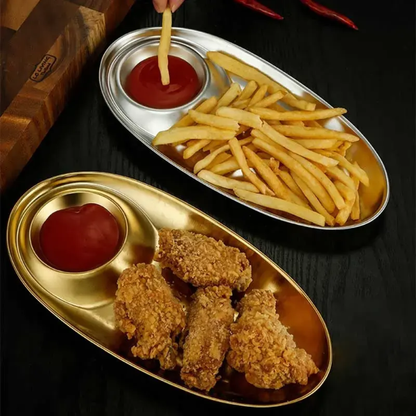 2 Grids stainless steel dinner gold traylunch container snack plate appetizer serving french fries platter kitchen gadgets