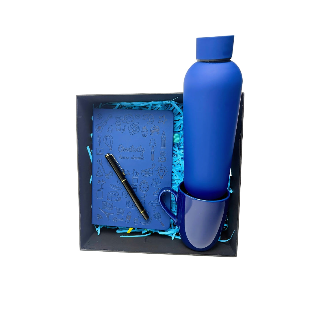 Blue themed giftset includes premium mug, notebook with pen and water bottle with a curated box idea for office, birthdays , anniversary and any other special occasion offer sale