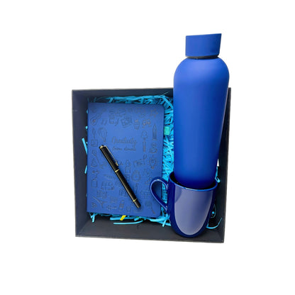 Blue themed giftset includes premium mug, notebook with pen and water bottle with a curated box idea for office, birthdays , anniversary and any other special occasion offer sale