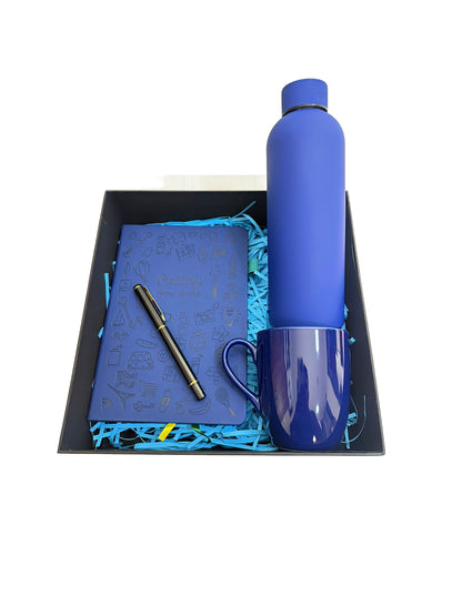 Blue themed giftset includes premium mug, notebook with pen and water bottle with a curated box idea for office, birthdays , anniversary and any other special occasion offer sale