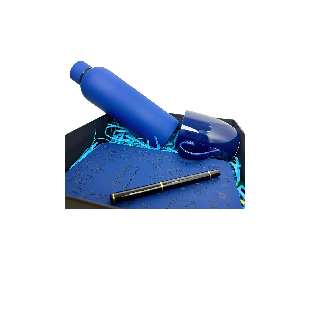 Blue themed giftset includes premium mug, notebook with pen and water bottle with a curated box idea for office, birthdays , anniversary and any other special occasion offer sale