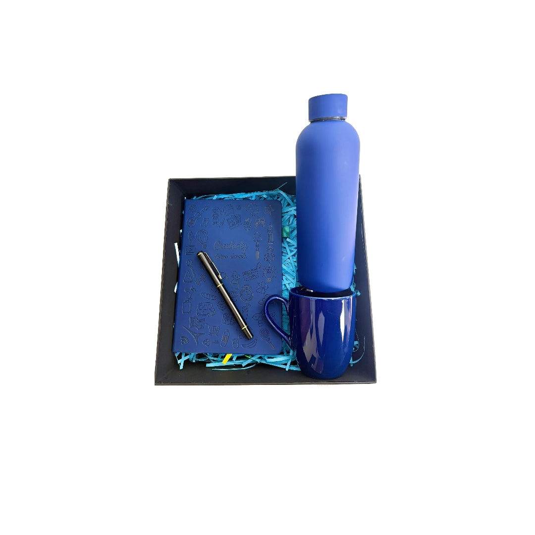Blue themed giftset includes premium mug, notebook with pen and water bottle with a curated box idea for office, birthdays , anniversary and any other special occasion offer sale