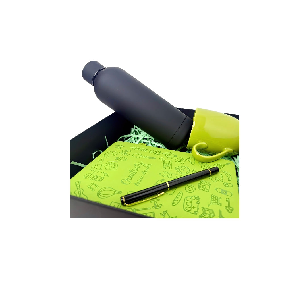 Neon Black Theme Giftset Includes a green mug, green notebook with pen and black water bottle. Customized and corporate orders undertaken ideal for birthdays and special occasions offer sale