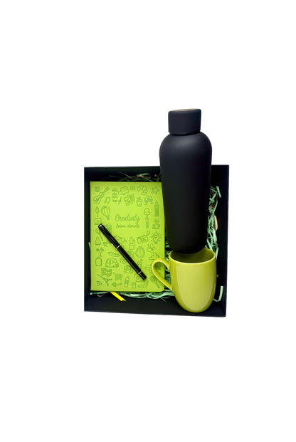 Neon Black Theme Giftset Includes a green mug, green notebook with pen and black water bottle. Customized and corporate orders undertaken ideal for birthdays and special occasions offer sale