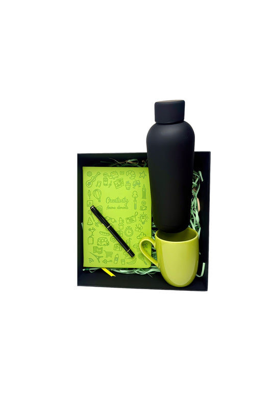 Neon Black Theme Giftset Includes a green mug, green notebook with pen and black water bottle. Customized and corporate orders undertaken ideal for birthdays and special occasions offer sale