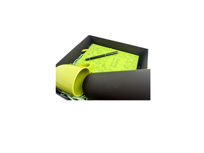 Neon Black Theme Giftset Includes a green mug, green notebook with pen and black water bottle. Customized and corporate orders undertaken ideal for birthdays and special occasions offer sale