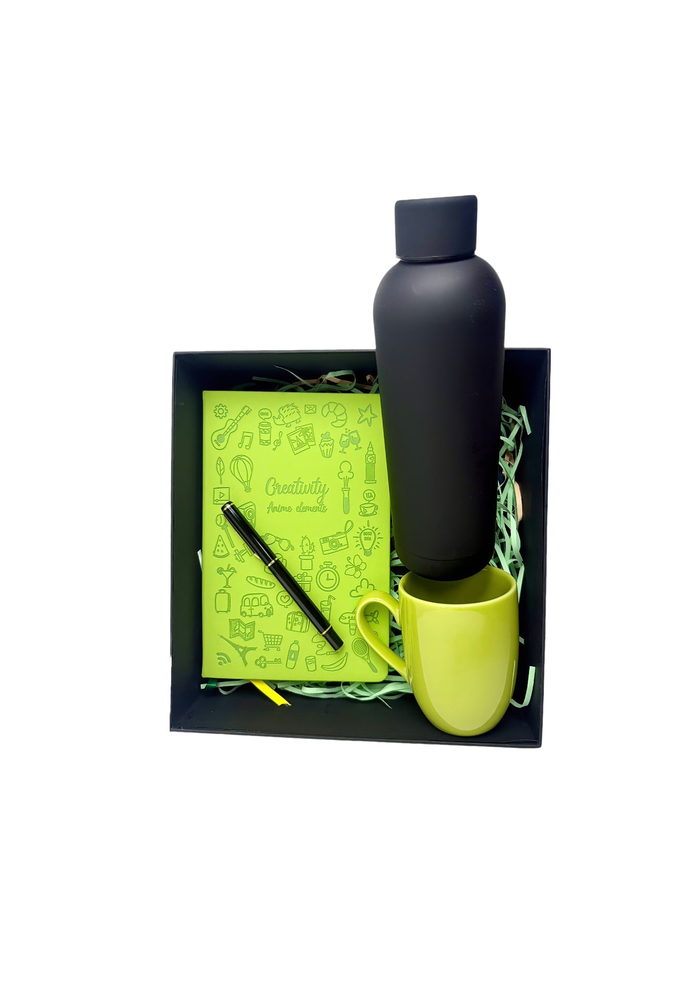 Neon Black Theme Giftset Includes a green mug, green notebook with pen and black water bottle. Customized and corporate orders undertaken ideal for birthdays and special occasions offer sale