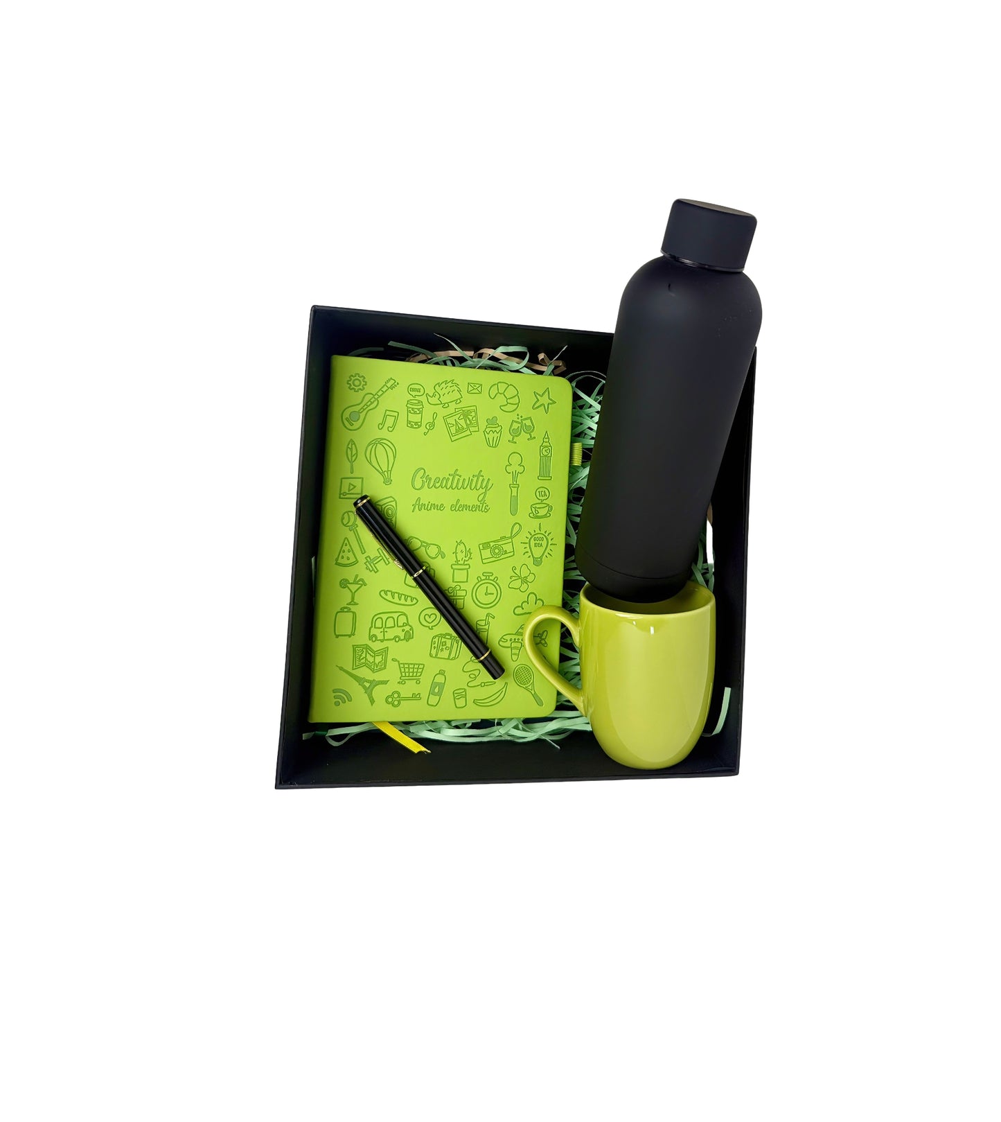 Neon Black Theme Giftset Includes a green mug, green notebook with pen and black water bottle. Customized and corporate orders undertaken ideal for birthdays and special occasions offer sale