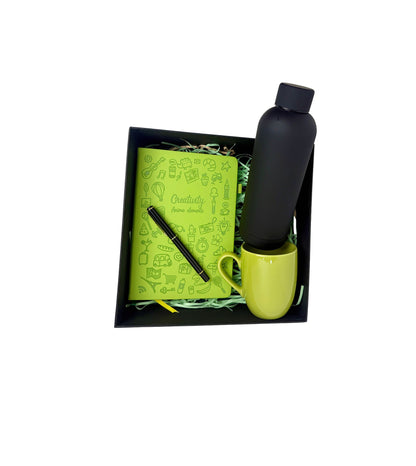 Neon Black Theme Giftset Includes a green mug, green notebook with pen and black water bottle. Customized and corporate orders undertaken ideal for birthdays and special occasions offer sale