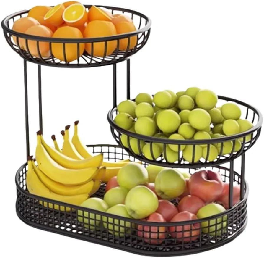 3 Tier Countertop Fruit Basket, Kitchen Wire Large Capacity Fruit Bowl, Vegetable Organizer Basket, Dining Table Fruit Stand 26 Cm (Black,Small)