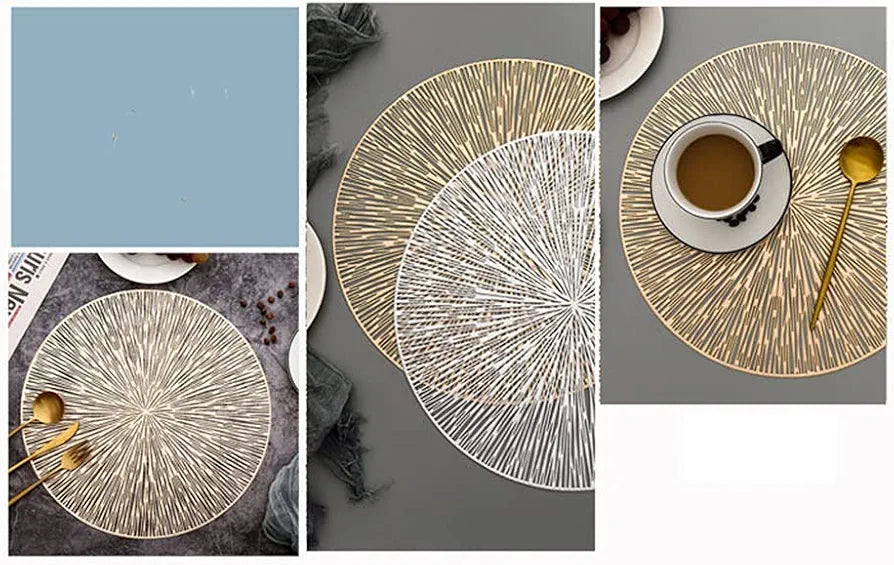 Placemats,European-Style Hollow-Out Heat-Insulating placemat, 6-Piece Household Round Dining Table Firework Coaster-Gold
