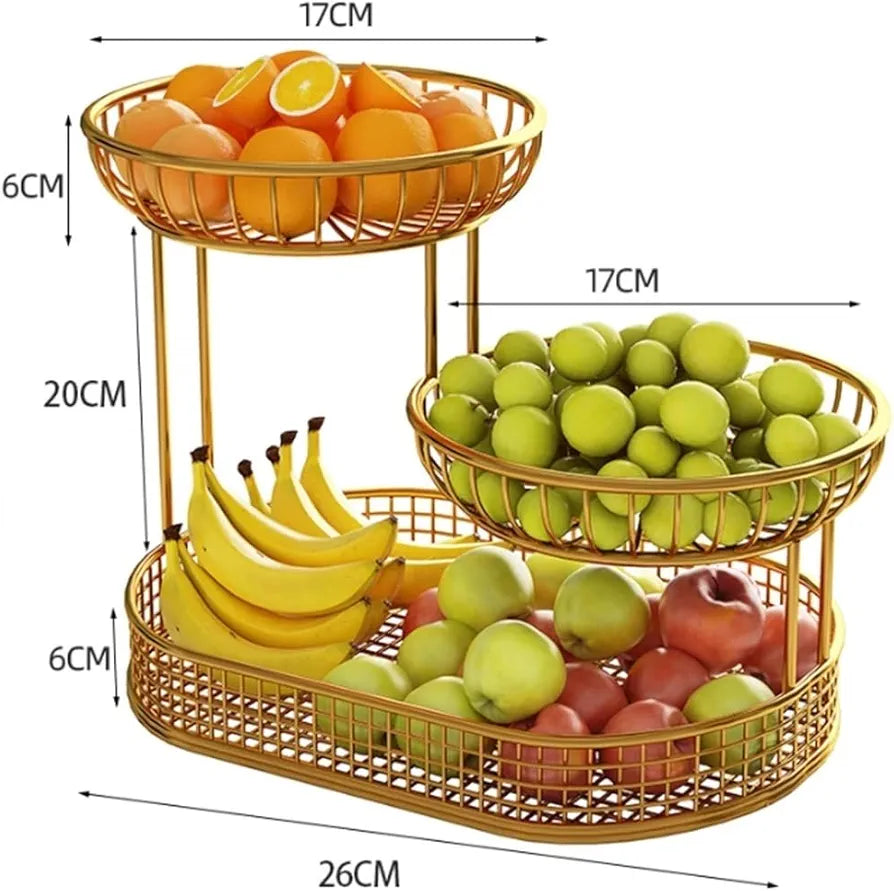 3 Tier Countertop Fruit Basket, Kitchen Wire Large Capacity Fruit Bowl, Vegetable Organizer Basket, Dining Table Fruit Stand 26 Cm (Black,Small)