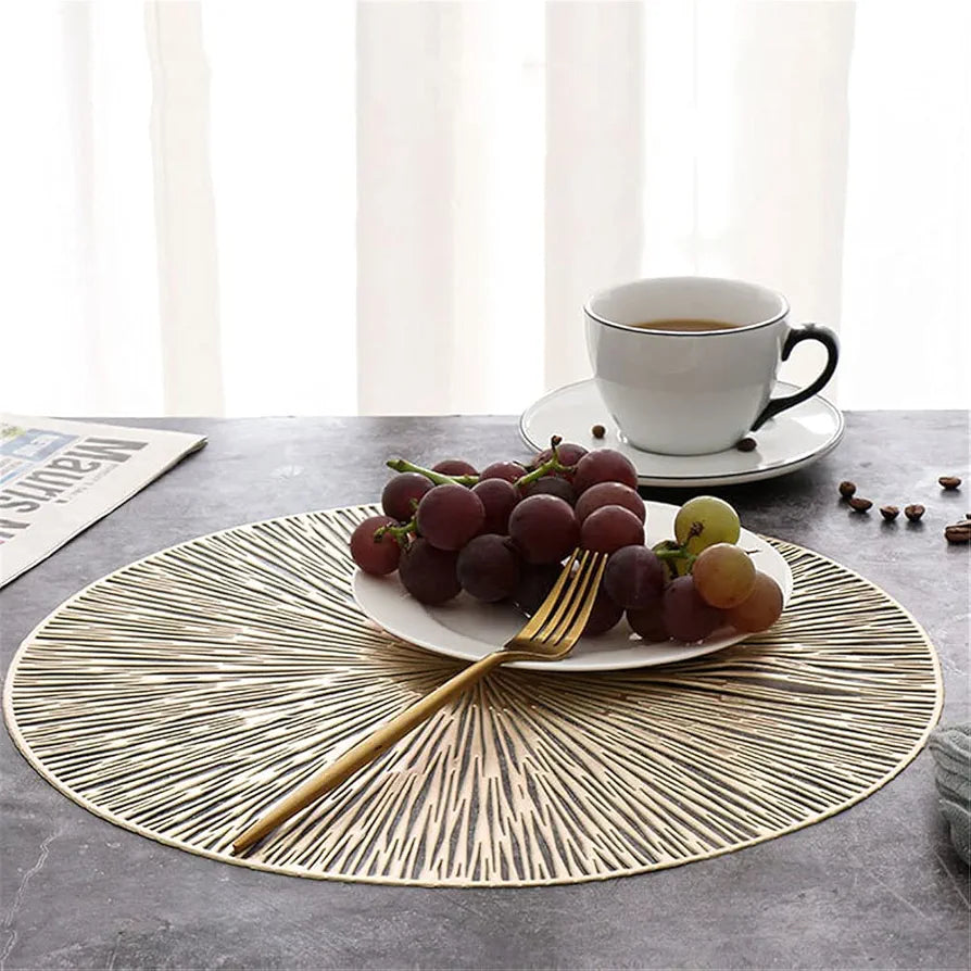 Placemats,European-Style Hollow-Out Heat-Insulating placemat, 6-Piece Household Round Dining Table Firework Coaster-Gold