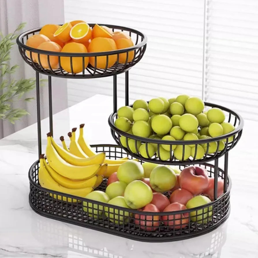 3 Tier Countertop Fruit Basket, Kitchen Wire Large Capacity Fruit Bowl, Vegetable Organizer Basket, Dining Table Fruit Stand 26 Cm (Black,Small)
