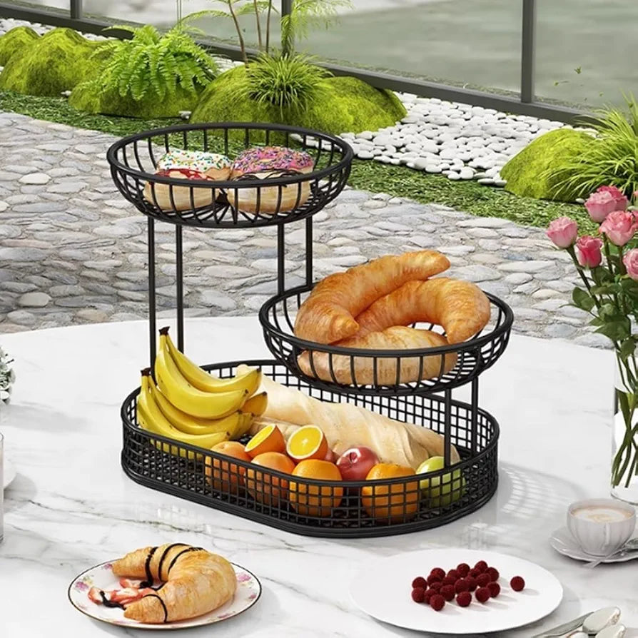 3 Tier Countertop Fruit Basket, Kitchen Wire Large Capacity Fruit Bowl, Vegetable Organizer Basket, Dining Table Fruit Stand 26 Cm (Black,Small)