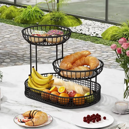 3 Tier Countertop Fruit Basket, Kitchen Wire Large Capacity Fruit Bowl, Vegetable Organizer Basket, Dining Table Fruit Stand 26 Cm (Black,Small)