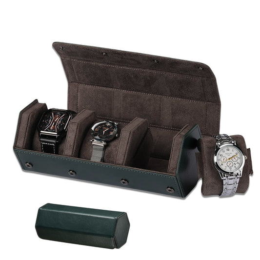 Hexagonal Watch Roll 3 Slot Organiser Storage Leather Velvet Interior Green Offer