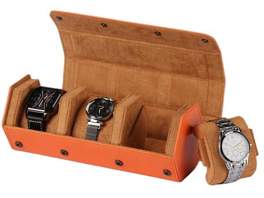 Hexagonal Watch Roll 3 Slot Organiser Storage Leather Velvet Interior Orange Offer