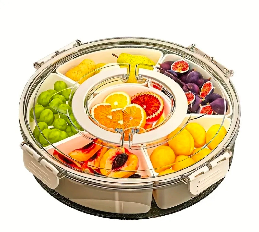 Divided Serving Tray With Lid And Handle,Large Spinner Snack Box,Multi-purpose Food Platter For Charcuterie Veggie Fruit,Snackle Box Container With 6 Compartments