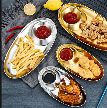 2 Grids stainless steel dinner gold traylunch container snack plate appetizer serving french fries platter kitchen gadgets