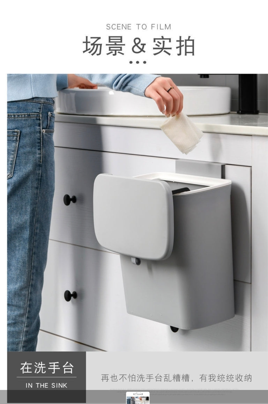 Kitchen Hanging Trash Can, 9L Wall Mounted Counter Waste Compost Bin, Small Garbage Can with Lid for Cupboard/Bathroom/Bedroom/Office/Camping/Under Sink(Grey)