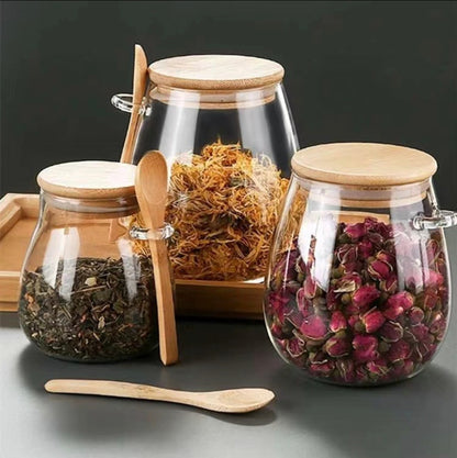 700ml Glass Food Storage Jar Sugar Bowl Tea Jar with Airtight Lid and Spoon