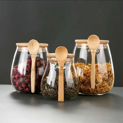 700ml Glass Food Storage Jar Sugar Bowl Tea Jar with Airtight Lid and Spoon