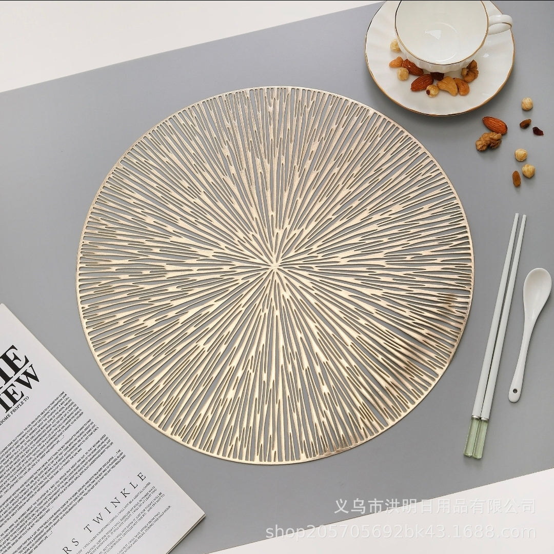 Placemats,European-Style Hollow-Out Heat-Insulating placemat, 6-Piece Household Round Dining Table Firework Coaster-Gold