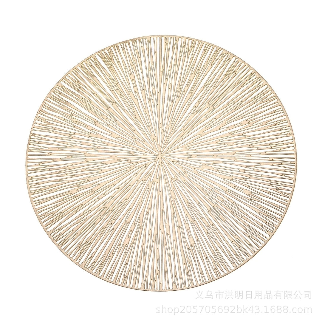 Placemats,European-Style Hollow-Out Heat-Insulating placemat, 6-Piece Household Round Dining Table Firework Coaster-Gold
