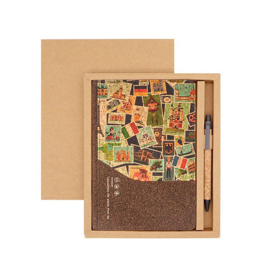 Journal notebook with pen stamp print cover esthethic design ideal for personal use travel gifts friends colleagues office party celebrations offer sale