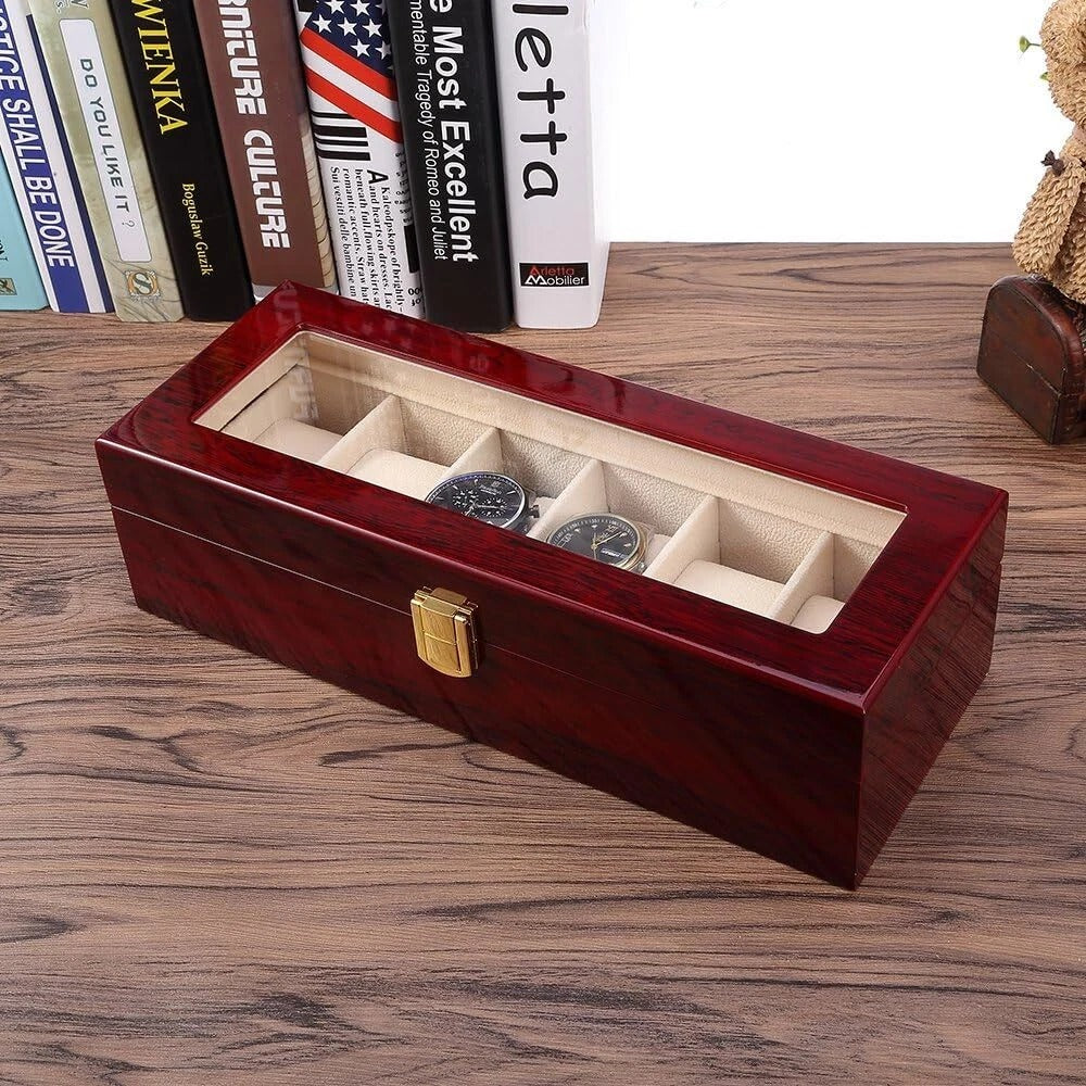 6 Slot Red Wooden Luxury Watch Box Organiser ideal for gifts teachers storage display