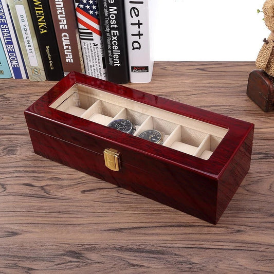 6 Slot Red Wooden Luxury Watch Box Organiser ideal for gifts teachers storage display