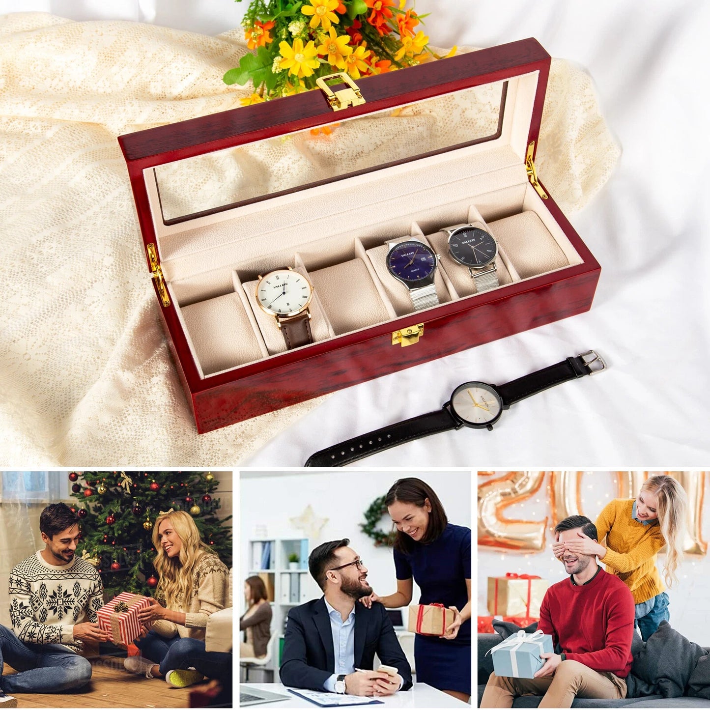 6 Slot Red Wooden Luxury Watch Box Organiser ideal for gifts teachers storage display