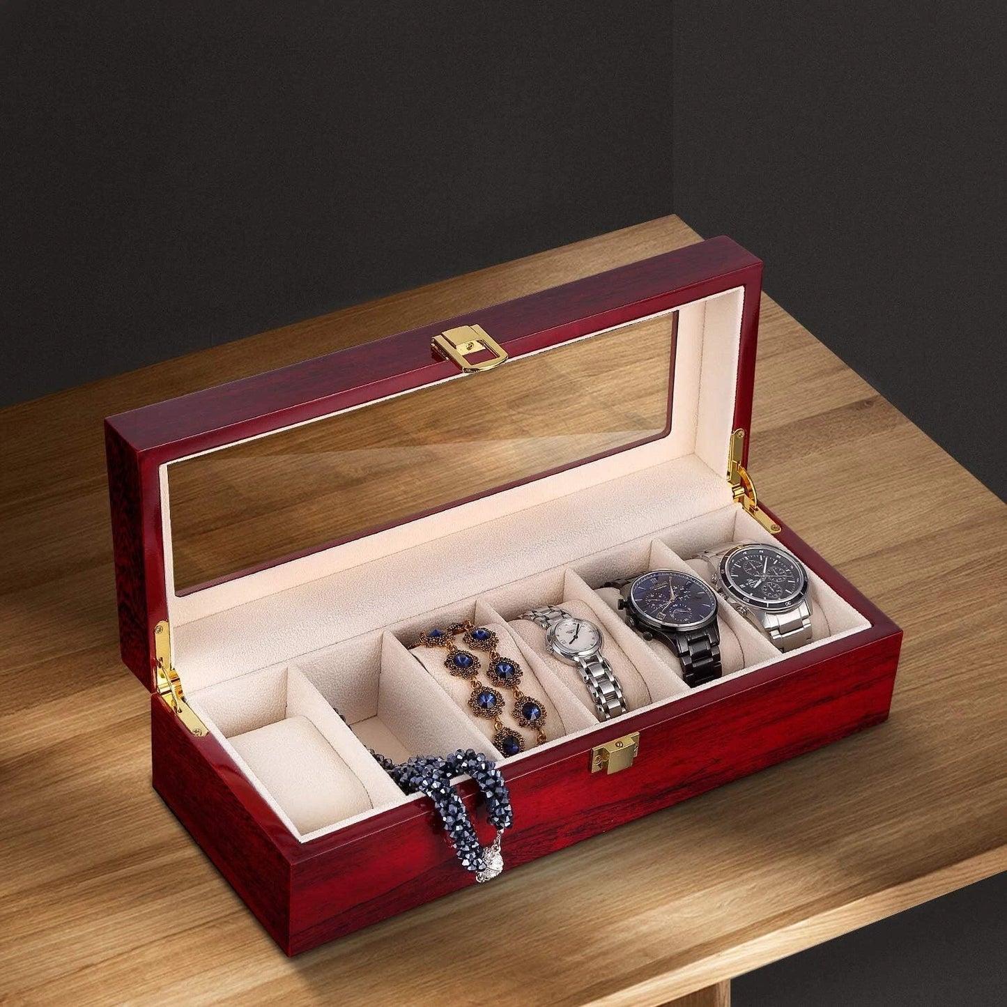 6 Slot Red Wooden Luxury Watch Box Organiser ideal for gifts teachers storage display